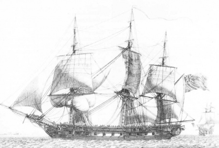 Eine typische britische 36-Kanonen-Fregatte der Epoche, vermutlich ein Schiff der  Apollo-Klasse.