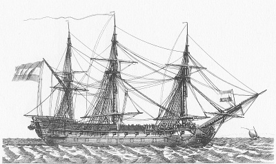 Ein niederländisches Linienschiff von 64 oder 68 Kanonen vor Anker mit gefierten Marsstengen, vermutlich zwischen 1806 und 1810. Es ist ein etwas kleinerer Typ als jener, dem Hornblowers fiktive Sutherland ex Eendracht angehört hätte.